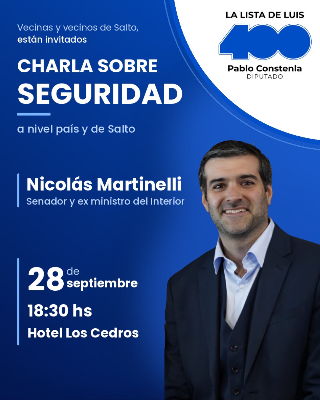 Charla sobre seguridad con el senador Nicolás Martinelli este lunes en Salto