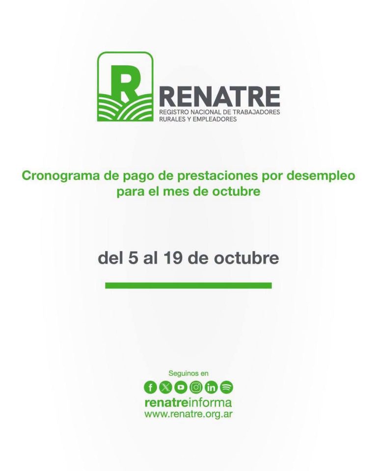 RENATRE realizará los pagos de la prestación por desempleo del 5 al 19 de octubre