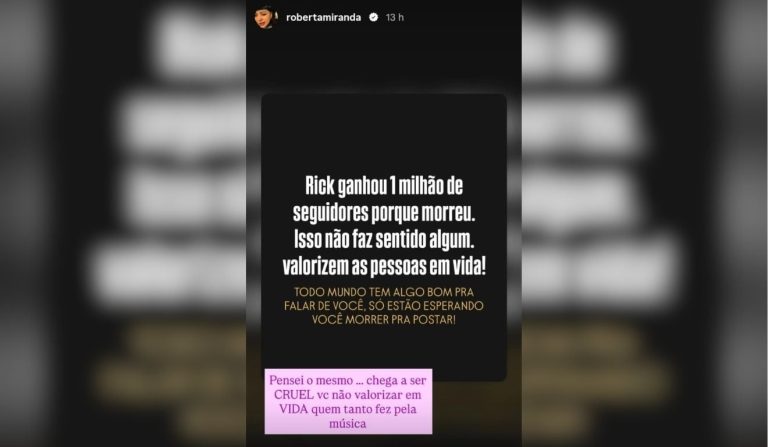 Roberta Miranda critica ganho de seguidores de Rick após morte: “Chega a ser cruel”