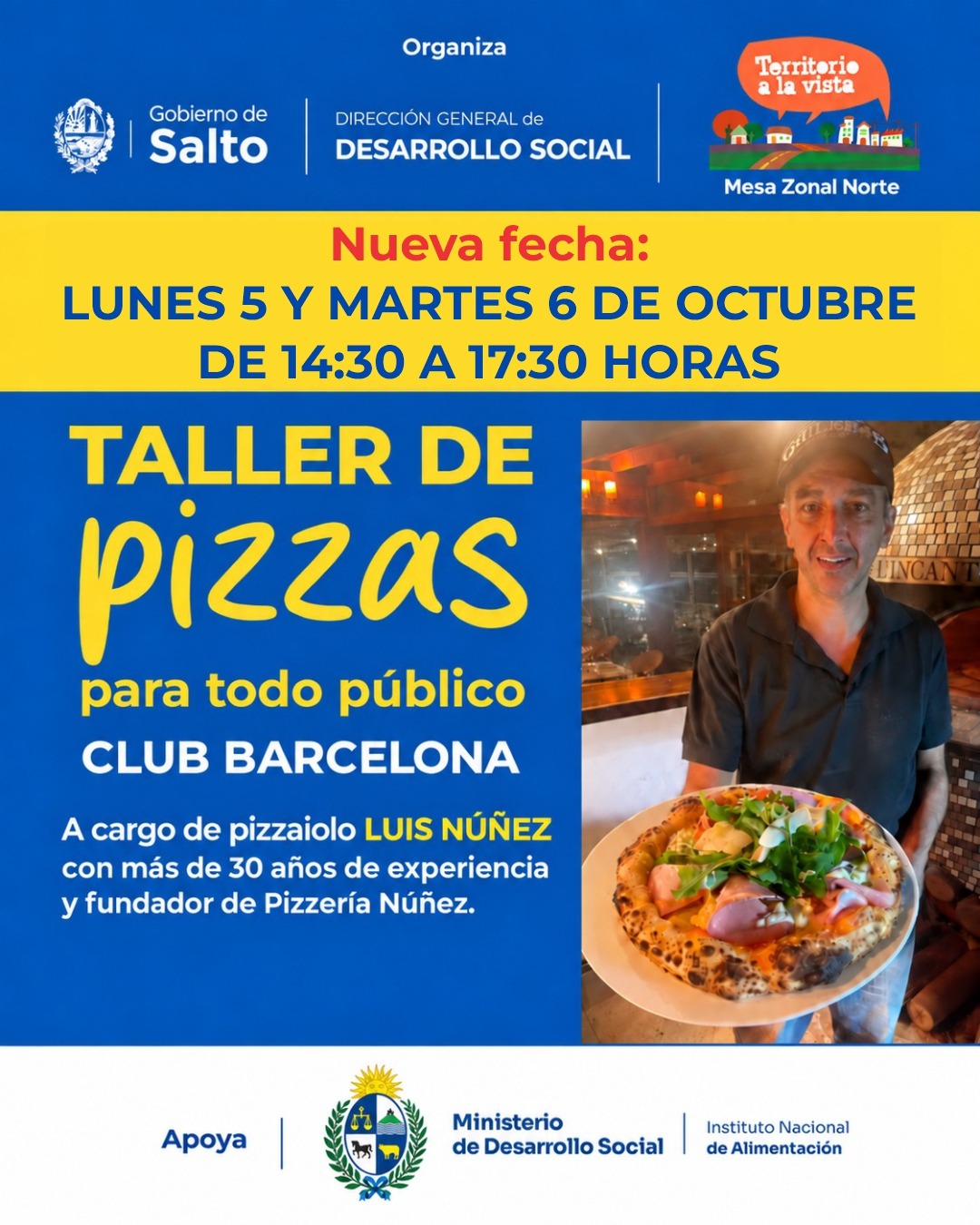 Taller de Pizzas en el Club Barcelona se posterga para el 5 y 6 de octubre